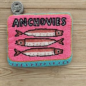 Beaded Anchovies Coin Purse Sardines Pink Zipper Pouch Coastal Novelty Gift Fun